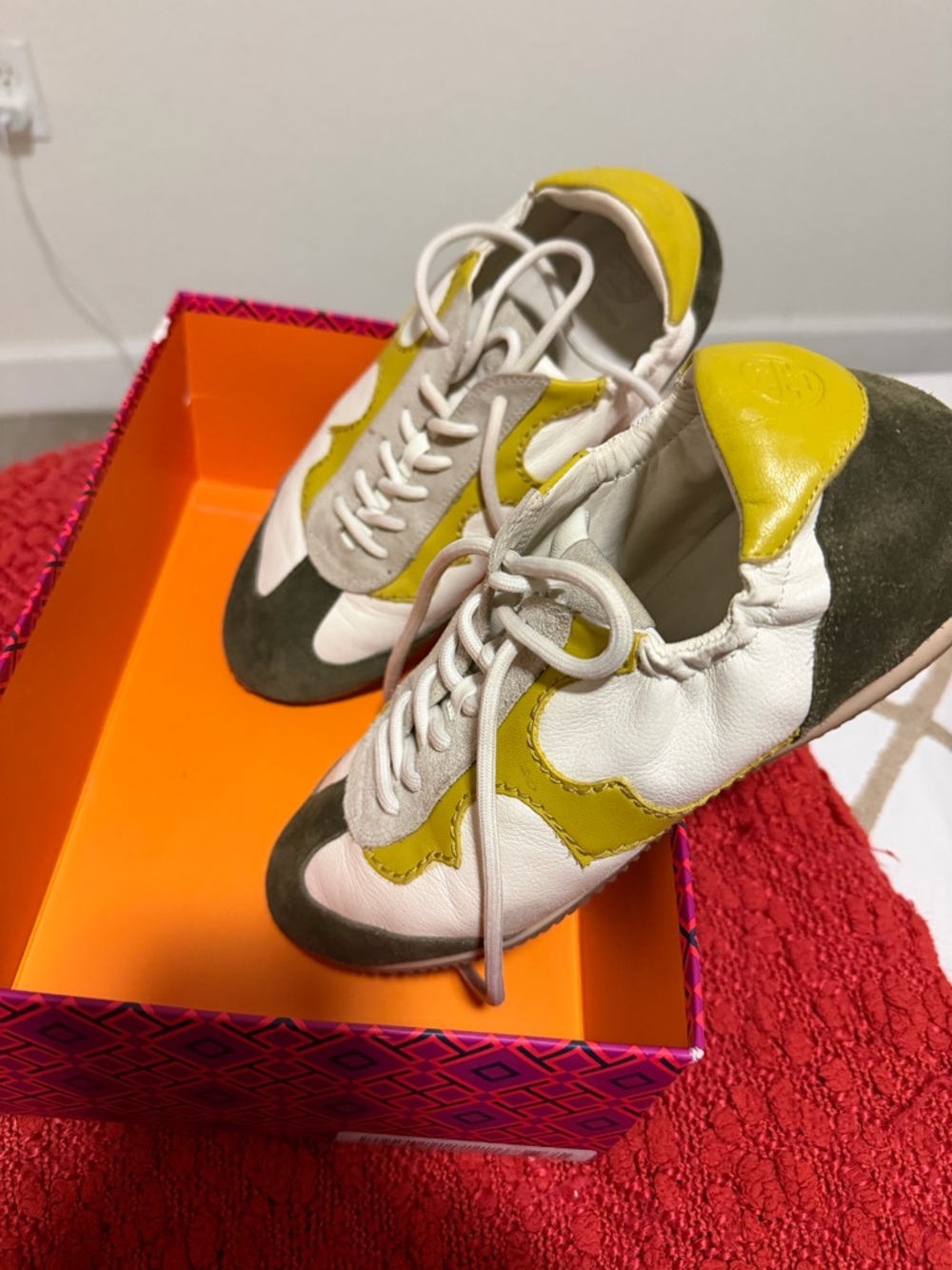 Tory Burch White, Olive and Yellow Low-Top Sneakers